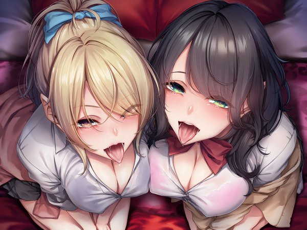 Anime picture 4000x3000 with original kurofude anna long hair looking at viewer fringe highres breasts open mouth light erotic black hair blonde hair large breasts multiple girls brown eyes green eyes absurdres ponytail from above hair over one eye off shoulder