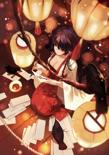 Anime picture 849x1200 with original pixiv fantasia pixiv fantasia t joseph lee single long hair tall image fringe breasts black hair hair between eyes red eyes large breasts sitting looking away full body ahoge indoors long sleeves traditional clothes