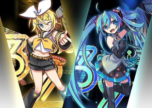 Anime picture 1048x746 with vocaloid hatsune miku kagamine rin negi (ulog'be) long hair looking at viewer short hair open mouth blonde hair smile twintails bare shoulders multiple girls ahoge very long hair pleated skirt one eye closed aqua eyes wink aqua hair