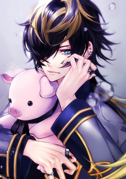 Anime picture 707x1000 with hypnosis mic jyushi aimono tottome single long hair tall image looking at viewer fringe blue eyes black hair blonde hair upper body multicolored hair hair over one eye two-tone hair tears piercing ear piercing boy toy