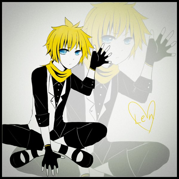 Anime picture 1048x1048 with vocaloid kagamine len mg single looking at viewer blonde hair sitting aqua eyes alternate costume character names pale skin zoom layer serious indian style boy shoes fingerless gloves pants vest chemise