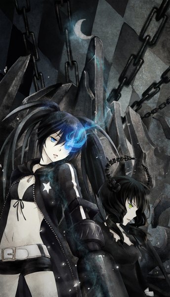 Anime picture 2480x4317 with black rock shooter black rock shooter (character) dead master kangetsu (fhalei) long hair tall image highres blue eyes black hair twintails multiple girls green eyes horn (horns) midriff glowing scar glowing eye (eyes) checkered girl navel