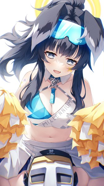 Anime picture 2700x4800 with blue archive hibiki (blue archive) hibiki (cheerleader) (blue archive) hasumi (hasubatake39) single long hair tall image highres breasts open mouth blue eyes light erotic black hair simple background white background animal ears cleavage ponytail :d midriff