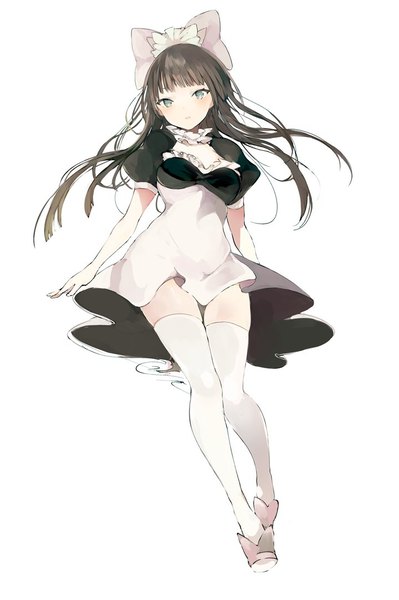 Anime picture 720x1082 with original lpip single long hair tall image looking at viewer fringe black hair simple background white background full body blunt bangs head tilt :o short sleeves zettai ryouiki puffy sleeves thigh gap girl thighhighs
