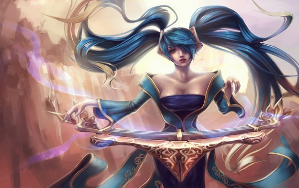 Anime picture 2500x1578 with league of legends sona buvelle cjh123456 single long hair fringe highres breasts blue eyes twintails bare shoulders blue hair cleavage multicolored hair lips hair over one eye wide sleeves gradient hair girl