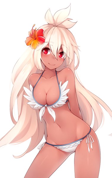 Anime picture 630x1000 with granblue fantasy the order grande ricegnat single long hair tall image looking at viewer blush fringe breasts light erotic simple background smile hair between eyes red eyes large breasts standing white background cleavage ahoge