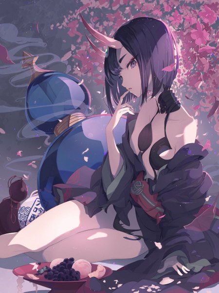 Anime picture 900x1201 with fate (series) fate/grand order shuten douji (fate) kodamazon single tall image looking at viewer fringe short hair breasts light erotic sitting purple eyes bare shoulders purple hair traditional clothes head tilt japanese clothes horn (horns) wide sleeves