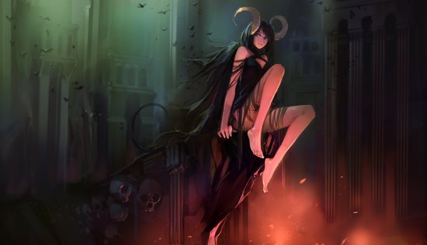 Anime picture 4000x2303 with original blueman single long hair fringe highres black hair wide image sitting purple eyes absurdres tail barefoot horn (horns) legs demon girl girl dress skull