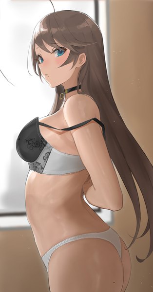 Anime picture 2024x3864 with original takita (takita3411) single long hair tall image looking at viewer blush fringe highres breasts blue eyes light erotic brown hair standing ahoge ass indoors parted lips mole underwear only