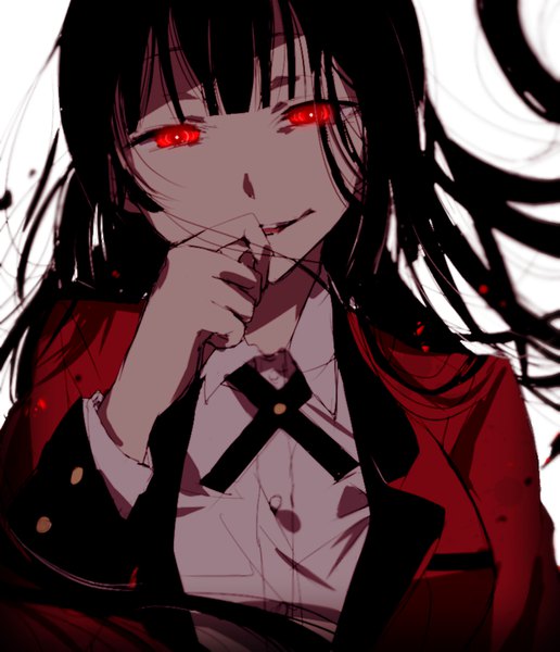 Anime picture 760x883 with kakegurui jabami yumeko hiiragi fuyuki single long hair tall image looking at viewer fringe black hair simple background smile red eyes white background upper body blunt bangs wind shaded face hand to mouth crazy smile girl