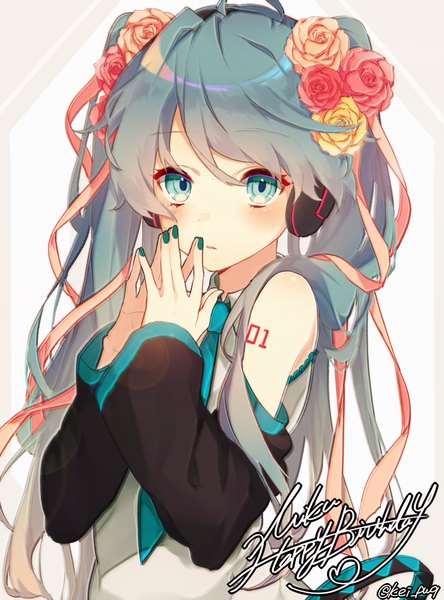 Anime-Bild 1000x1349 mit vocaloid hatsune miku fujikiri yana single long hair tall image looking at viewer blush fringe simple background hair between eyes standing twintails signed upper body ahoge long sleeves nail polish parted lips hair flower