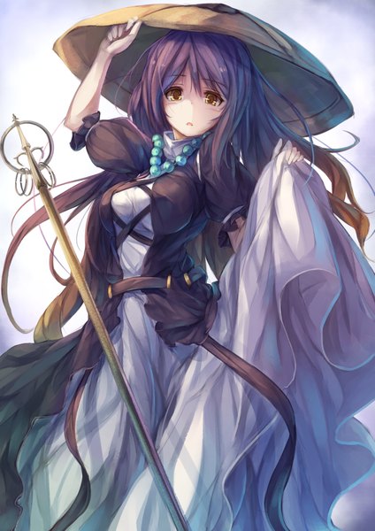 Anime picture 1447x2046 with touhou hijiri byakuren fal maro single long hair tall image looking at viewer yellow eyes purple hair multicolored hair two-tone hair dress lift girl dress hat necklace scepter ajirogasa