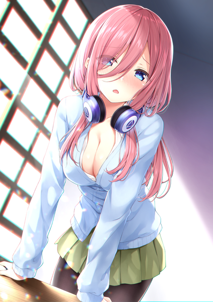 Anime picture 744x1054 with go-toubun no hanayome nakano miku karutamo single long hair tall image looking at viewer blush fringe breasts open mouth blue eyes light erotic large breasts standing pink hair cleavage indoors pleated skirt hair over one eye