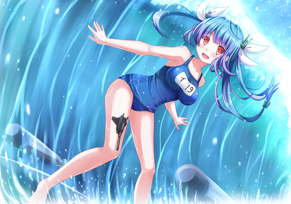 Anime picture 1900x1334 with kantai collection i-19 submarine kazenokaze single long hair blush highres open mouth light erotic red eyes twintails blue hair surfing girl swimsuit water one-piece swimsuit school swimsuit torpedo