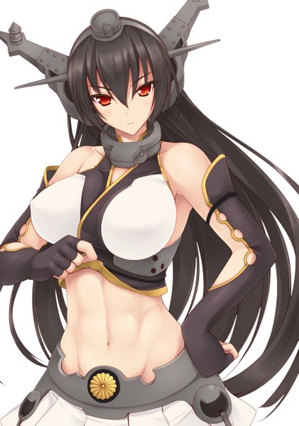 Anime picture 849x1211 with kantai collection nagato battleship naturalton single long hair tall image looking at viewer breasts black hair red eyes large breasts white background bare shoulders midriff girl skirt navel hair ornament armor