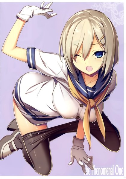 Anime picture 1263x1800 with kantai collection hamakaze destroyer kikuchi seiji single tall image short hair breasts open mouth blue eyes light erotic one eye closed grey hair wink scan girl pantyhose black pantyhose sailor suit