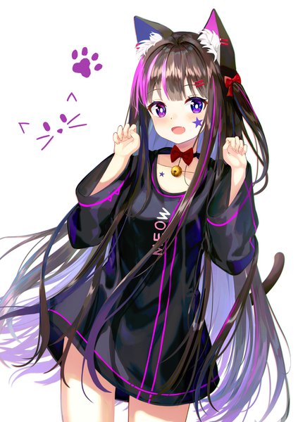 Anime picture 1500x2126 with original seero single long hair tall image looking at viewer blush fringe open mouth simple background smile brown hair standing white background purple eyes animal ears tail blunt bangs :d animal tail
