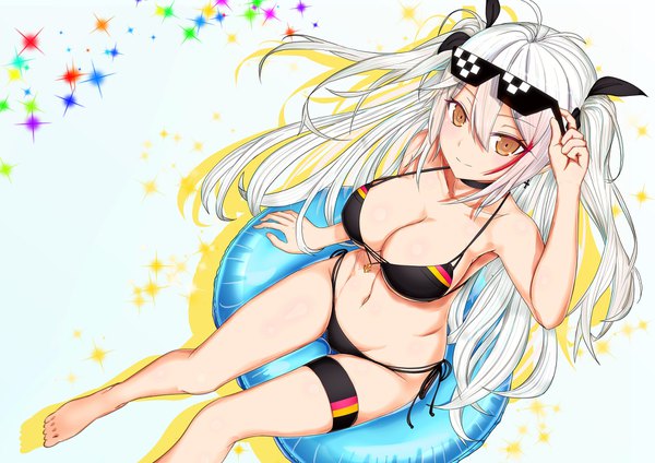Anime picture 1771x1254 with azur lane prinz eugen (azur lane) prinz eugen (unfading smile) (azur lane) west (vaem5527) single long hair looking at viewer blush fringe highres breasts light erotic hair between eyes large breasts sitting brown eyes cleavage ahoge white hair multicolored hair