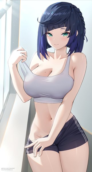 Anime picture 2140x4000 with genshin impact yelan (genshin impact) rosumerii single tall image looking at viewer blush highres short hair breasts light erotic black hair smile large breasts standing signed cleavage braid (braids) multicolored hair aqua eyes