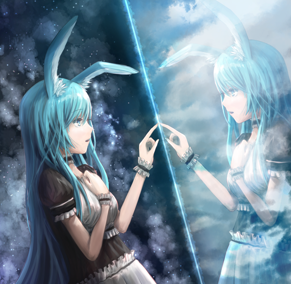 Anime picture 1113x1090 with original muite single long hair open mouth animal ears profile aqua eyes aqua hair bunny ears puffy sleeves hand on chest reflection girl choker frills wrist cuffs