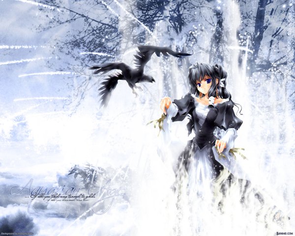 Anime picture 1280x1024 with aquarian age goto nao long hair black hair purple eyes inscription third-party edit girl dress plant (plants) tree (trees) crow