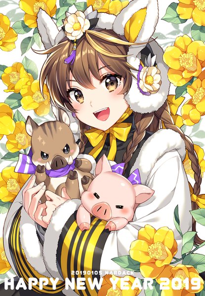 Anime picture 900x1300 with original nardack single long hair tall image looking at viewer blush fringe open mouth smile hair between eyes brown hair holding brown eyes signed animal ears upper body braid (braids) :d dated