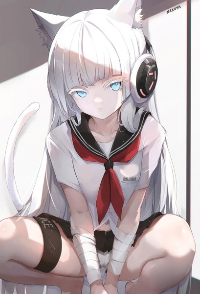 Anime picture 1675x2456 with girls frontline awp (girls frontline) (nekoya (liu)) nekoya (liu) single long hair tall image looking at viewer fringe blue eyes light erotic sitting signed animal ears white hair tail blunt bangs animal tail barefoot cat ears short sleeves