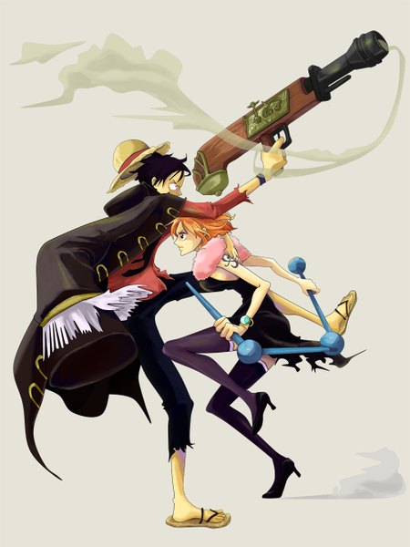 Anime picture 1000x1333 with one piece toei animation nami (one piece) monkey d. luffy himerinco (artist) tall image short hair black hair simple background looking away orange hair smoke girl thighhighs boy weapon black thighhighs hat gun straw hat
