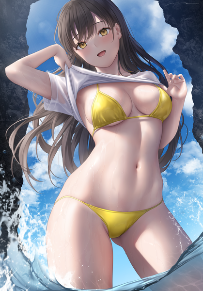 Anime picture 2894x4144 with original mhru single long hair tall image looking at viewer blush fringe highres breasts open mouth light erotic smile brown hair standing signed yellow eyes sky cloud (clouds) outdoors