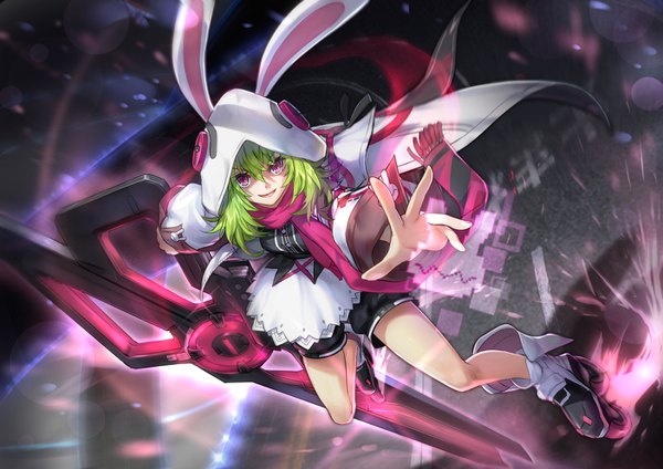 Anime picture 1403x992 with forever 7th capital eiruby (forever 7th capital) observerz single long hair looking at viewer fringe open mouth smile hair between eyes purple eyes holding animal ears bent knee (knees) green hair bunny ears outstretched arm shaded face animal hood girl