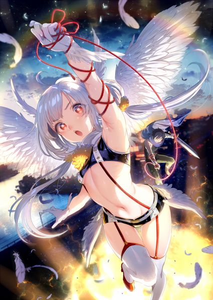 Anime picture 650x918 with original ikezaki misa long hair tall image blush fringe short hair open mouth light erotic black hair red eyes twintails holding sky silver hair cloud (clouds) ahoge bent knee (knees) outdoors arm up