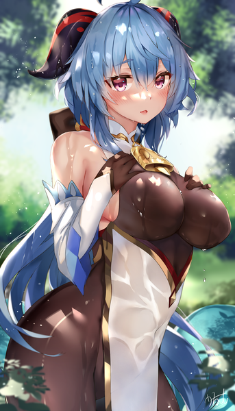 Anime picture 3600x6300 with genshin impact ganyu (genshin impact) u ronnta single long hair tall image looking at viewer blush fringe highres breasts open mouth light erotic hair between eyes large breasts standing signed blue hair absurdres ahoge