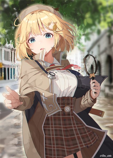 Anime picture 2256x3155 with virtual youtuber hololive hololive english watson amelia stu diho single tall image looking at viewer highres short hair blue eyes blonde hair signed outdoors blurry twitter username city plaid skirt girl skirt