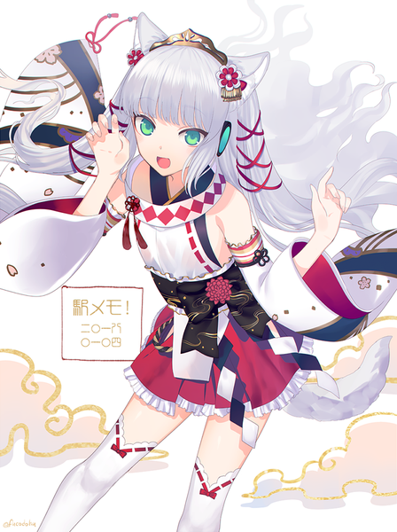 Anime picture 748x1000 with ekimemo neu tsumugi fucodoku single long hair tall image looking at viewer fringe open mouth animal ears silver hair tail blunt bangs traditional clothes japanese clothes animal tail aqua eyes copyright name flat chest girl