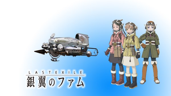 Anime picture 1280x720 with last exile last exile: gin'yoku no fam gonzo fam fan fan giselle collette vingt millia il velch cutrettola turan range murata long hair short hair blonde hair simple background smile brown hair wide image multiple girls inscription girl gloves glasses headphones