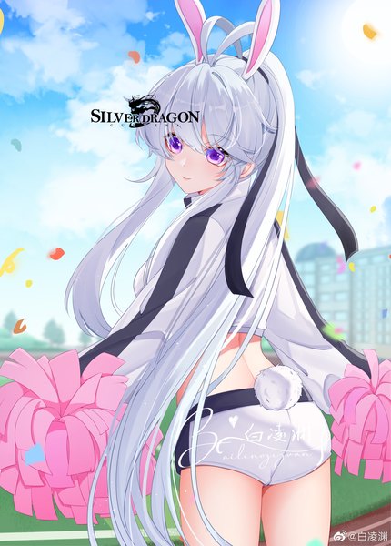 Anime picture 2514x3508 with douluo continent gu yuena bai lingyuan single tall image fringe highres light erotic smile hair between eyes standing purple eyes signed animal ears payot looking away sky silver hair cloud (clouds) ahoge