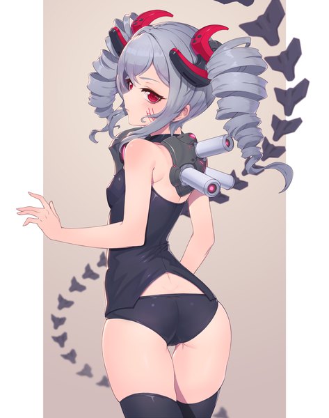 Anime picture 2378x3018 with honkai impact 3rd honkai (series) bronya zaychik bronya zaychik (black nucleus) dkxlek single long hair tall image highres light erotic simple background red eyes standing twintails looking away ass grey hair from behind thigh gap drill hair