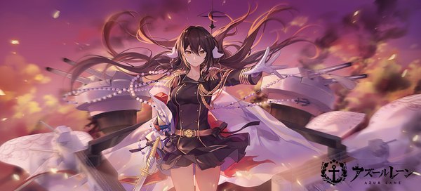 Anime picture 1280x581 with azur lane mikasa (azur lane) criin single long hair looking at viewer fringe breasts smile hair between eyes brown hair wide image standing holding brown eyes yellow eyes sky cloud (clouds) outdoors long sleeves