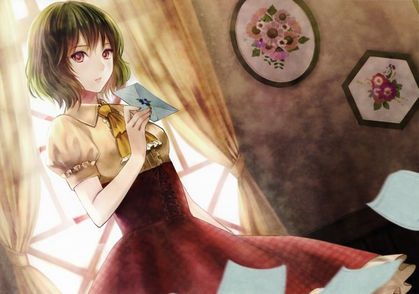 Anime picture 3031x2128 with touhou kazami yuuka fukahire (ruinon) single highres short hair open mouth red eyes holding absurdres green hair girl dress petals necktie window curtains picture letter