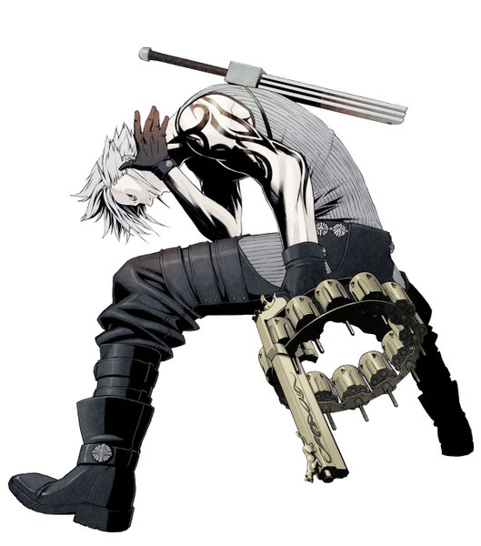 Anime picture 1200x1360 with no more heroes skelter helter kozaki yusuke single tall image short hair simple background white background grey hair tattoo boy gloves boots gun