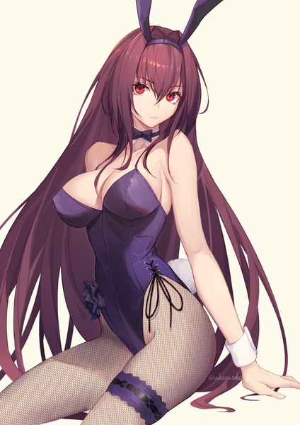 Anime picture 700x990 with fate (series) fate/grand order scathach (fate) (all) scathach (fate) scathach (piercing bunny) (fate) sakanasoko single long hair tall image looking at viewer fringe breasts light erotic simple background hair between eyes red eyes large breasts white background sitting bare shoulders