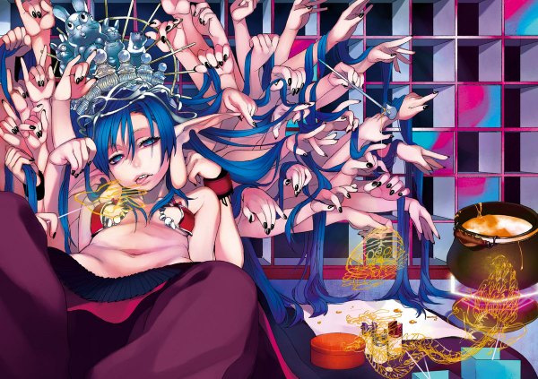 Anime picture 1200x846 with tagme (artist) single long hair looking at viewer blue eyes light erotic blue hair nail polish pointy ears eating reclining extra arms girl navel headdress tongue wristlet hands