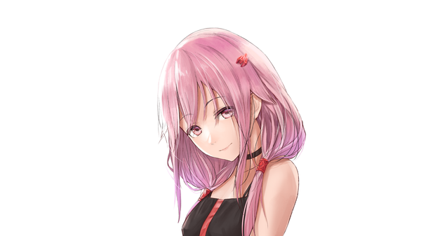 Anime picture 1920x1080 with guilty crown production i.g yuzuriha inori whale (artist) single long hair looking at viewer fringe highres simple background smile hair between eyes wide image white background twintails bare shoulders payot pink hair upper body head tilt