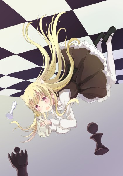 Anime picture 3360x4800 with original lyrae single long hair tall image blush fringe highres open mouth blonde hair holding animal ears absurdres full body pink eyes cat ears grey background fang (fangs) looking down upside down