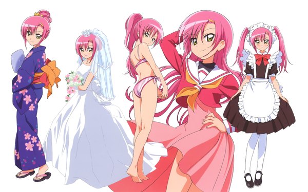 Anime picture 4000x2500 with hayate no gotoku! katsura hinagiku long hair blush highres light erotic simple background smile wide image white background twintails pink hair absurdres ponytail japanese clothes barefoot maid alternate costume multiple persona girl