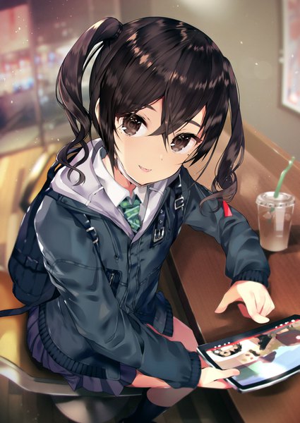 Anime picture 1063x1500 with idolmaster idolmaster cinderella girls sunazuka akira tetsubuta single tall image looking at viewer fringe short hair open mouth black hair hair between eyes sitting twintails brown eyes indoors long sleeves pleated skirt from above mole