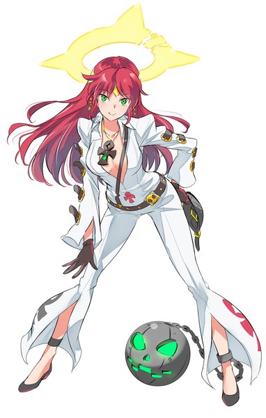Anime picture 1280x2011 with rwby guilty gear guilty gear xrd rooster teeth pyrrha nikos jack-o (guilty gear) iesupa single long hair tall image looking at viewer breasts light erotic simple background smile white background holding green eyes full body red hair