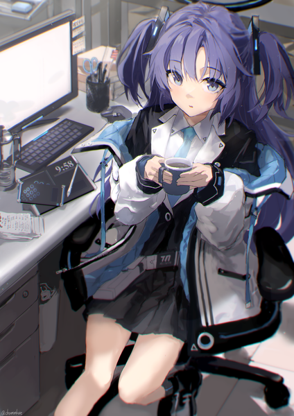 Anime picture 2894x4093 with blue archive yuuka (blue archive) chamu (chammkue) single long hair tall image highres sitting purple eyes purple hair open jacket two side up girl necktie jacket halo chair mug monitor computer keyboard