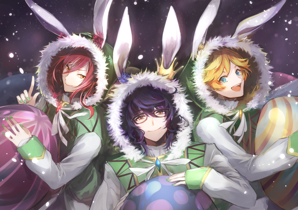 Anime picture 1072x758 with ensemble stars! sakasaki natsume aoba tsumugi harukawa sora ryou (kaleidoscope) long hair looking at viewer short hair open mouth blue eyes black hair blonde hair smile animal ears yellow eyes red hair nail polish multiple boys bunny ears fur trim