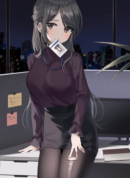 Anime picture 2456x3348 with original churi (oxxchurixxo) single long hair tall image looking at viewer fringe highres breasts black hair large breasts holding brown eyes payot indoors long sleeves head tilt night arm support mouth hold